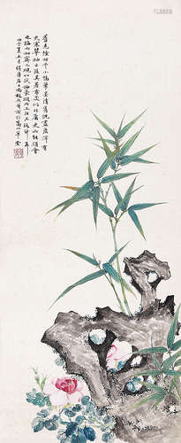 冯超然（1882-1954） 竹石花卉 立 轴 设色纸本