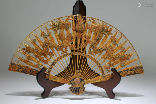 A Chinese Dragon-decorating Gilt Fortune Fan