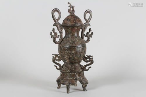 Chinese Lidded Duo-handled Bronze Vessel