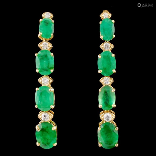 14K Gold 6.50ct Emerald & 0.35ctw Diamond Earrings