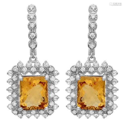 14K Gold 11.50ct Citrine & 2.00ct Diamond Earrings