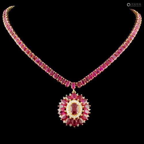 14K Gold 64.20ctw Ruby & 0.76ctw Diamond Necklace