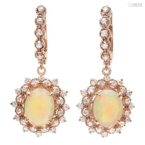 14K Gold 4.00ct Opal & 1.40ct Diamond Earrings