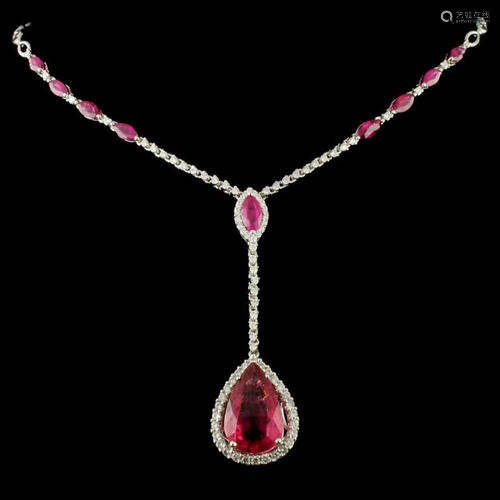 14K Gold 9.94ct Rubellite & 1.56ctw Diamond Neckla