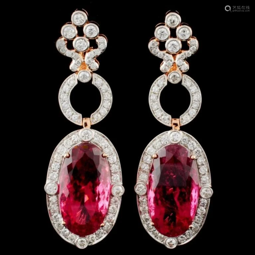 18K Gold 35.22ct Rubellite & 3.40ct Diamond Earrin