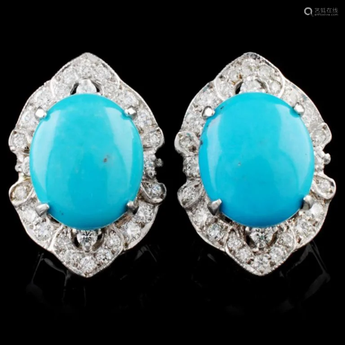 14K Gold 5.50ctw Turquoise & 0.86ctw Diamond Earri