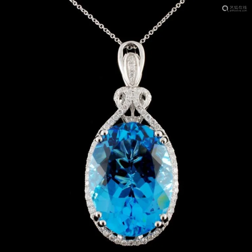 14K Gold 27.54ct Blue Topaz & 0.55ctw Diamond Pend