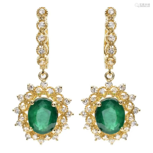 14K Gold 5.00ct Emerald & 1.25ct Diamond Earrings