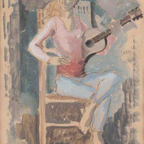 Pedro CREIXAMS (1893-1965)Le GuitaristeHuile sur papier.Sign...