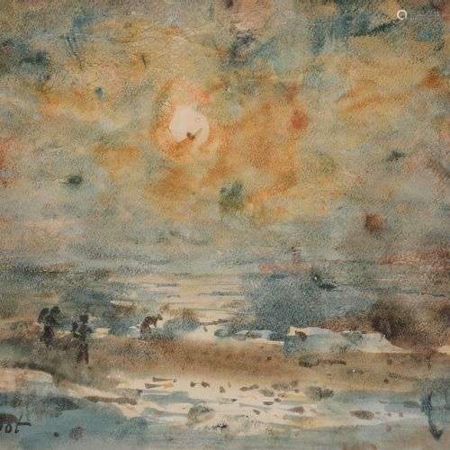 Roland OUDOT (1897-1981)Soleil couchant à marée basseAquarel...