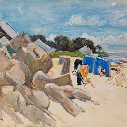 André PLANSON (1898-1981)La Grande plage de Carnac et la poi...