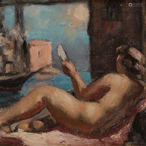 René BESSERVE (1883-1959)Odalisque au miroir sur une terrass...