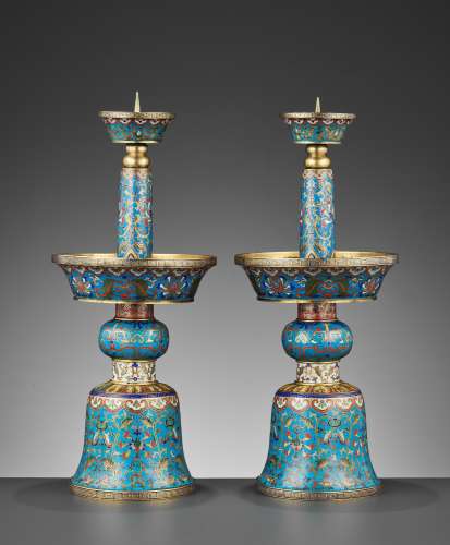 A PAIR OF CLOISONNE ENAMEL CANDLESTICKS, QIANLONG