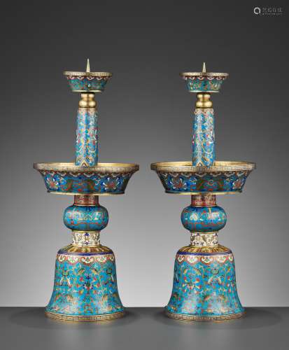 A PAIR OF CLOISONNE ENAMEL CANDLESTICKS, QIANLONG