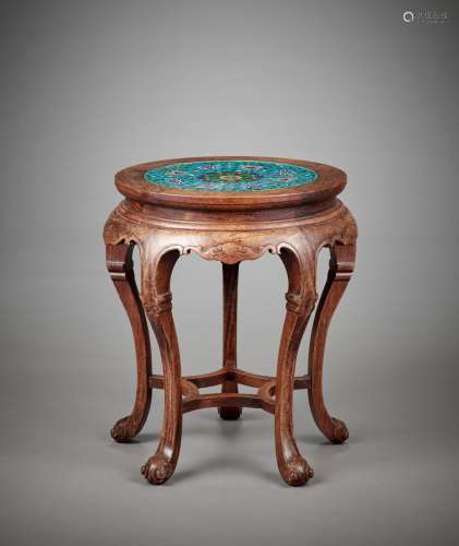 A CLOISONNE AND HARDWOOD STAND, QING-REPUBLIC