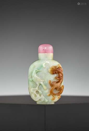 A JADE 'CHILONG AND BIRD' SNUFF BOTTLE, QING