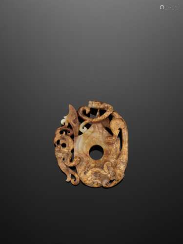 A RUSSET JADE 'CHILONG AND PHOENIX' PLAQUE, HAN