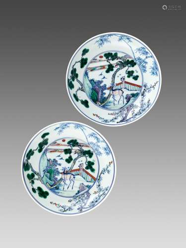 A PAIR OF DOUCAI 'DEER AND MONKEY' DISHES, KANGXI