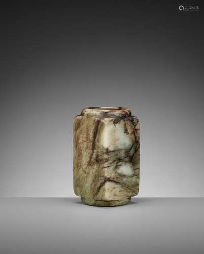 A GREEN AND BROWN NEPHRITE ARCHAISTIC CONG, MING