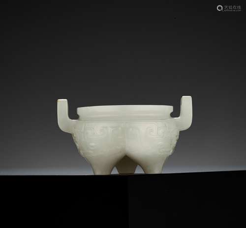 A WHITE JADE 'ARCHAISTIC' TRIPOD CENSER, QING