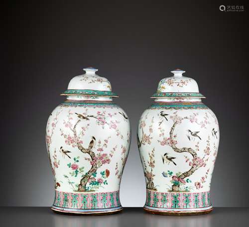 A PAIR OF LARGE FAMILLE ROSE BALUSTER VASES, QING