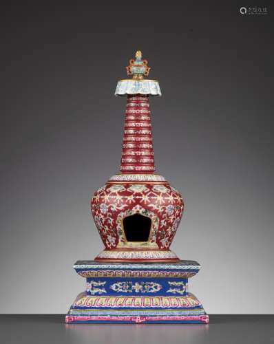 A RARE FAMILLE ROSE BUDDHIST STUPA, MID-QING