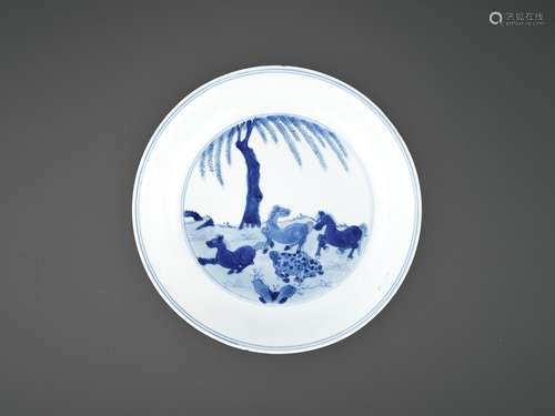 A KANGXI MARK AND PERIOD 'HORSES OF MUWANG' DISH