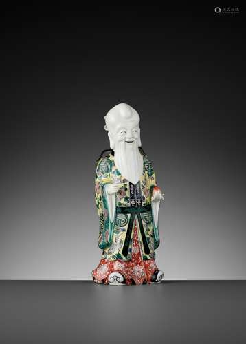 A FAMILLE VERTE BISCUIT FIGURE OF SHOULAO, QING