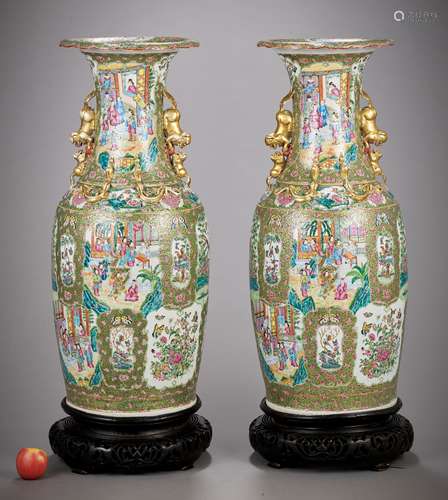 A PAIR OF MONUMENTAL CANTON PALACE VASES, QING