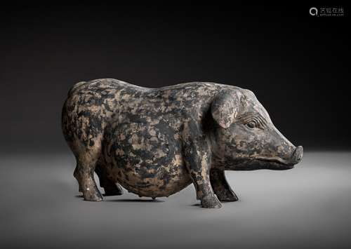 A RARE GRAY POTTERY FIGURE OF A PREGNANT SOW, HAN