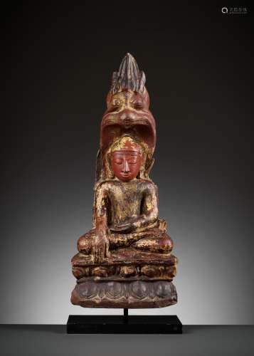 A LARGE LACQUER-GILT WOOD FIGURE OF MUCHALINDA