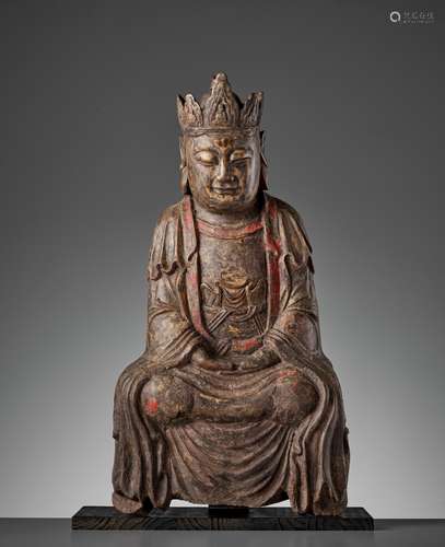 A POLYCHROME HARDWOOD FIGURE OF GUANYIN, YUAN