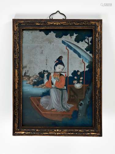 A REVERSE-GLASS MIRROR PAINTING OF A LADY, QING