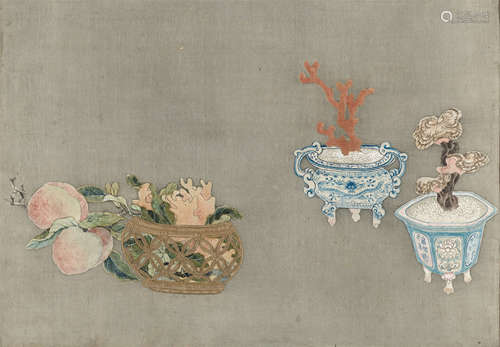 A PAINTED AND EMBROIDERED SILK PANEL QING DYNASTY