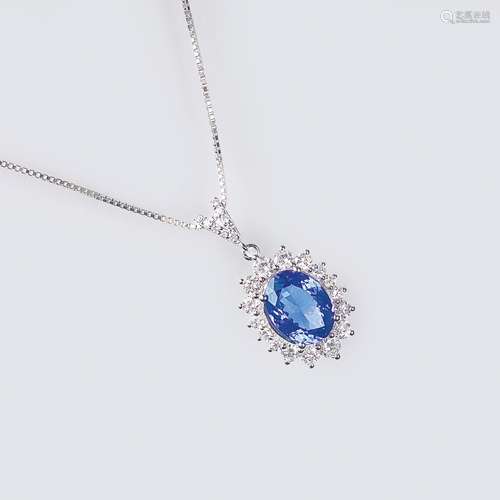 A Tanzanite Diamond Pendant on Necklace.