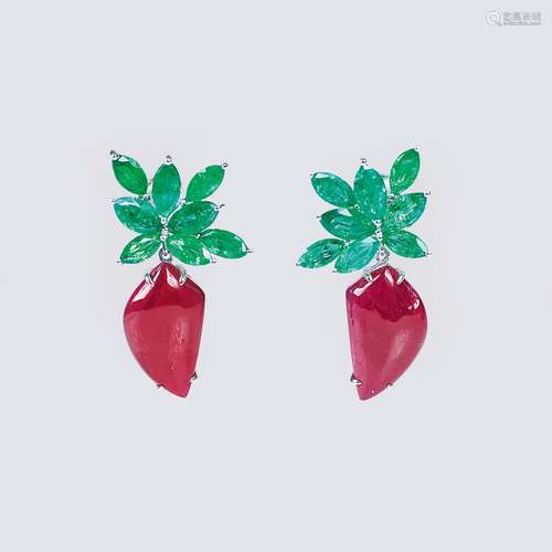 A Pair of natural Ruby Emerald Earrings 'Berries'.