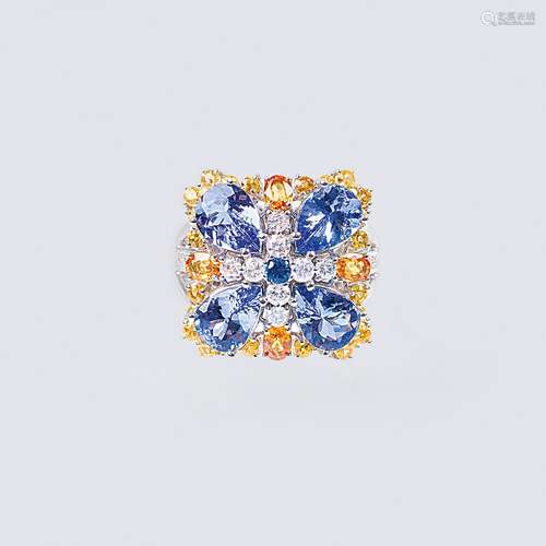 A Flower Ring with colourful Precious Stones.