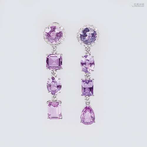 A Pair of Earpendants with Pink Sapphires and Diamonds.