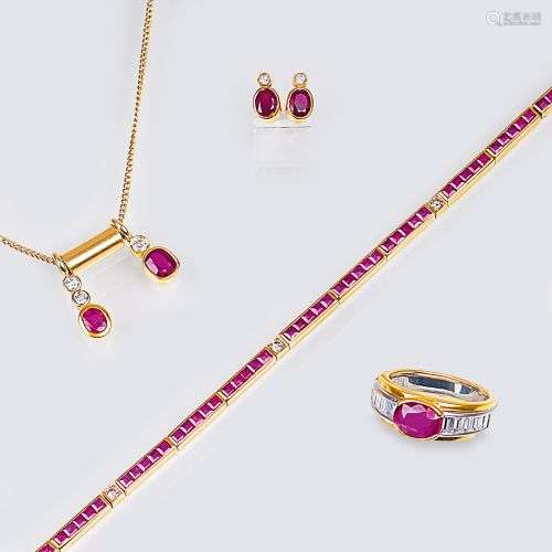 A four-part Jewellery Set with Rubies and Diamonds.