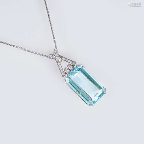 An Art-déco Aquamarine Diamond Pendant on Necklace.