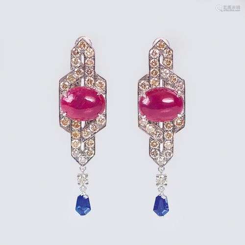 A Pair of natural Ruby Sapphire Diamond Earrings.