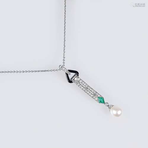 An Art-déco Emerald Diamond Pendant with Pearl.