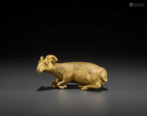 A GILT BRONZE FIGURE OF A 'LONGEVITY' RAM, MING