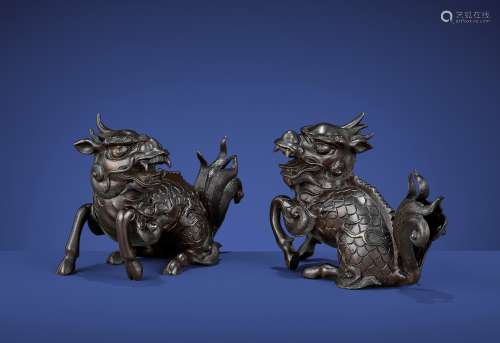 A PAIR OF BRONZE FIGURES OF QILIN, MING DYNASTY