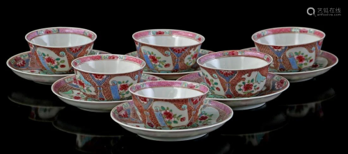 6 porcelain Famille Rose cups and saucers