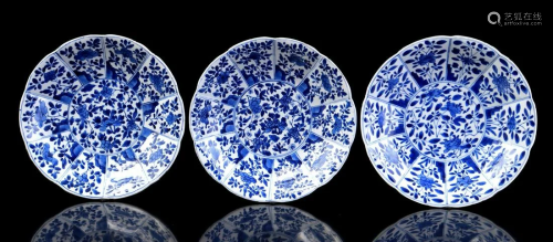 3 blue and white porcelain plates