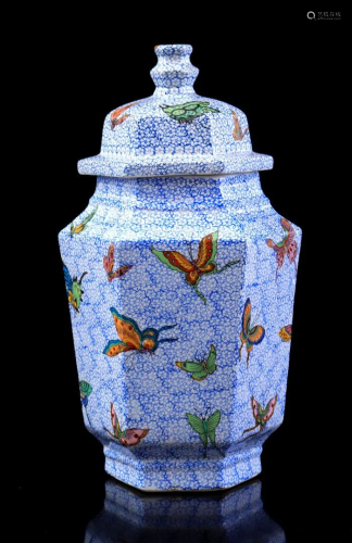 Oriental porcelain hexagonal lidded vase