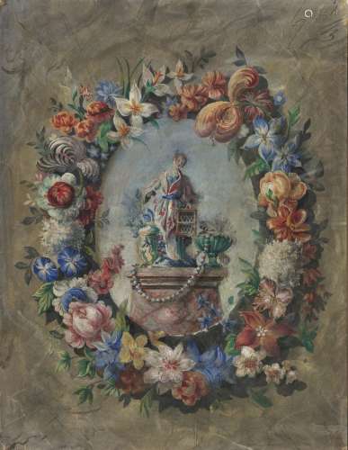 Blumenkranz mit Darstellung einer Chinesin mit Käfig