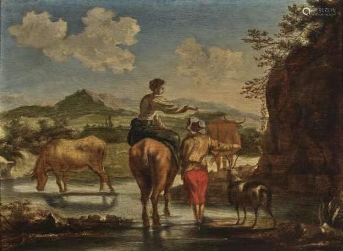 Hirten mit Tieren am Wasser
