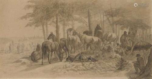 Rastende Soldaten mit ihren Pferden am Waldrand